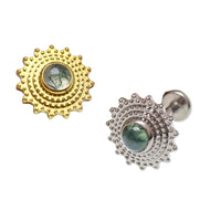 Moss agate Mandala flatback implant titanium internally threaded body jewelry by Body Clickers, detailed gemstone design