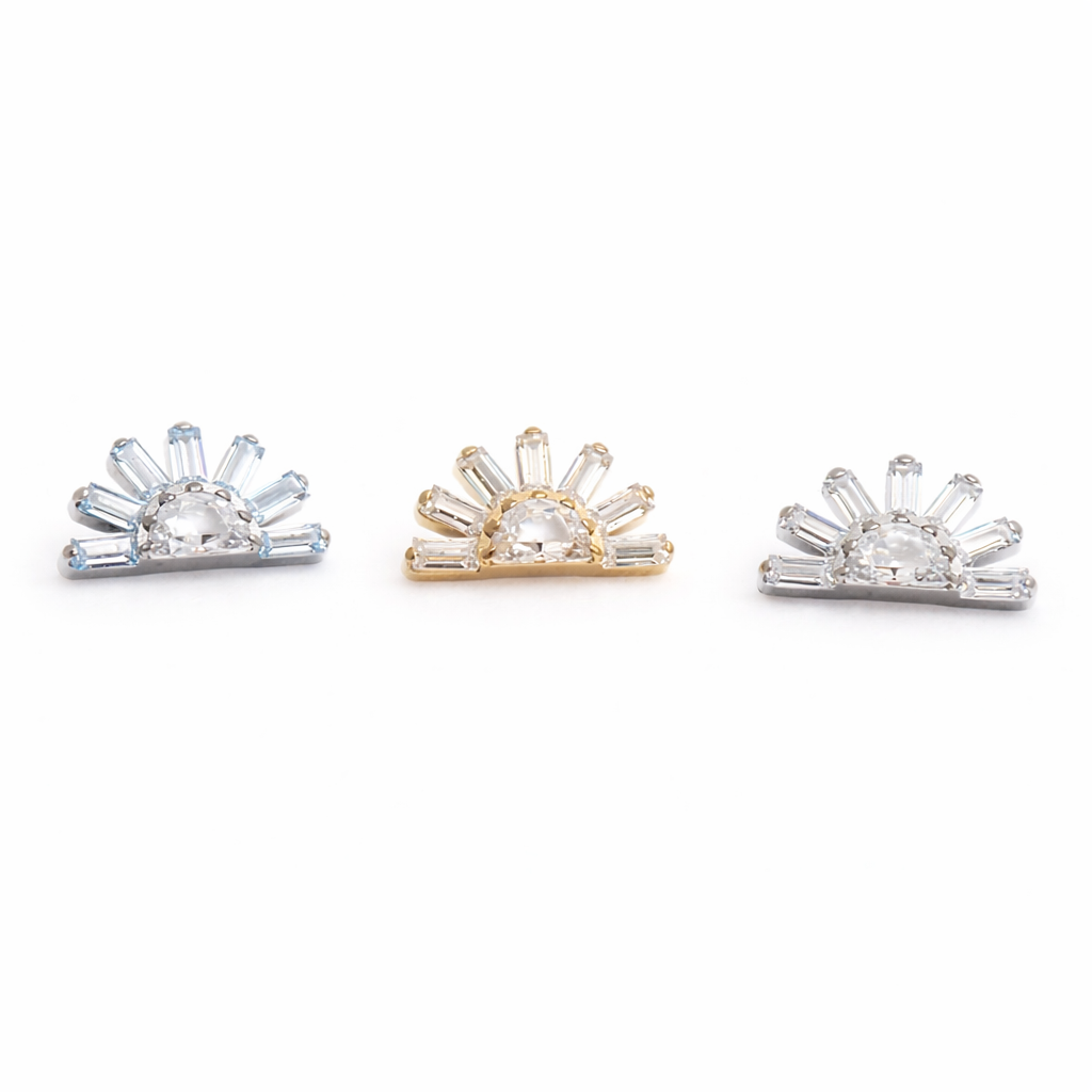 Implant Titanium CZ Sunrise Flatback Piercing, Internally Threaded 18g, 16g, 14g