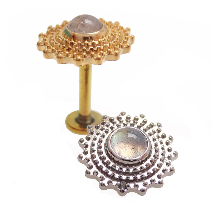 Semi-precious Labradorite Mandala flatback implant in titanium, 18g, 6mm, featuring intricate mandala design for body piercing.