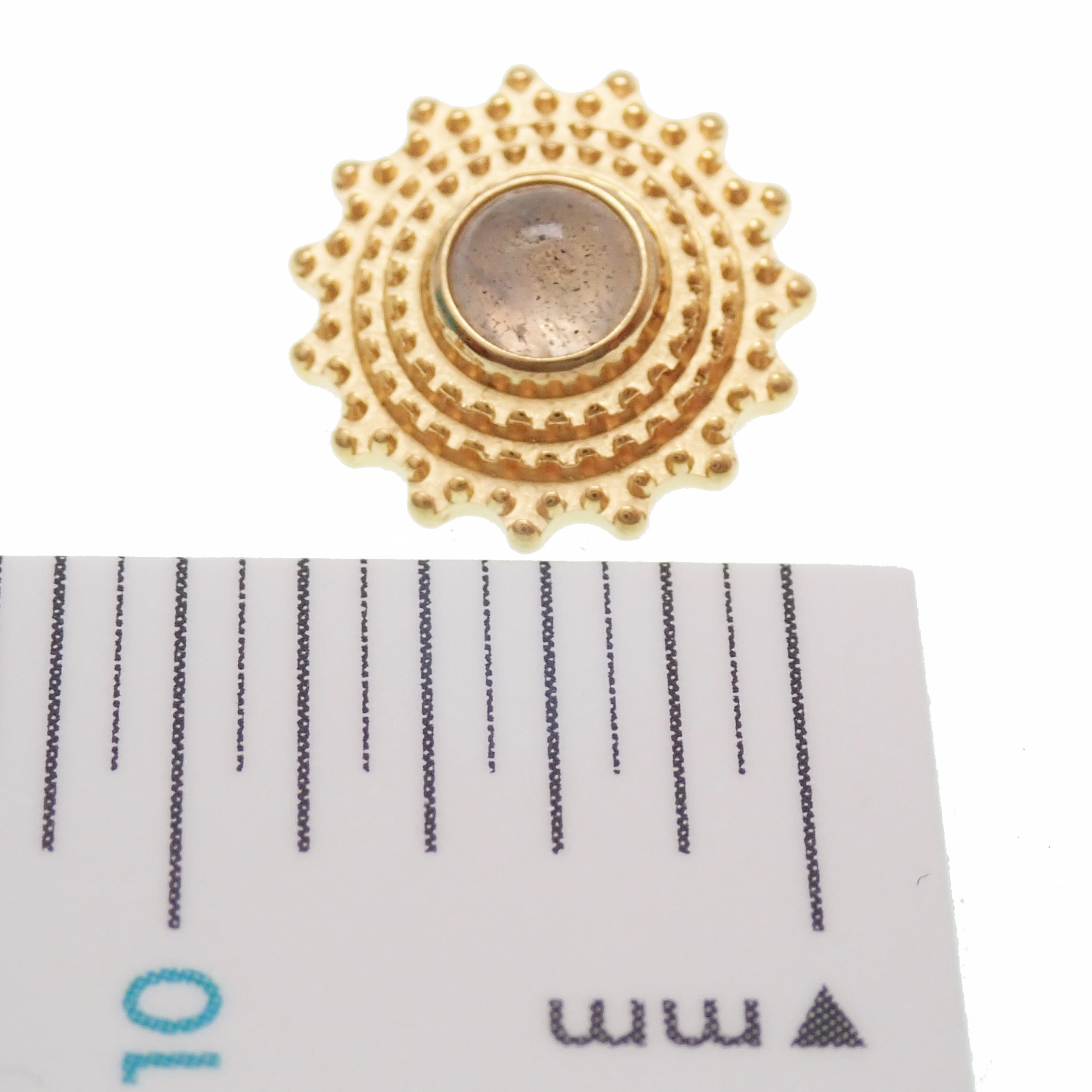 Semi-precious Labradorite Mandala flatback implant in titanium, 18g, 6mm, with intricate mandala design for body jewelry.