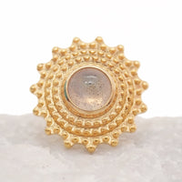 Semi-precious Labradorite Mandala flatback implant in titanium, 6mm, 18g, with intricate mandala design, for body jewelry.