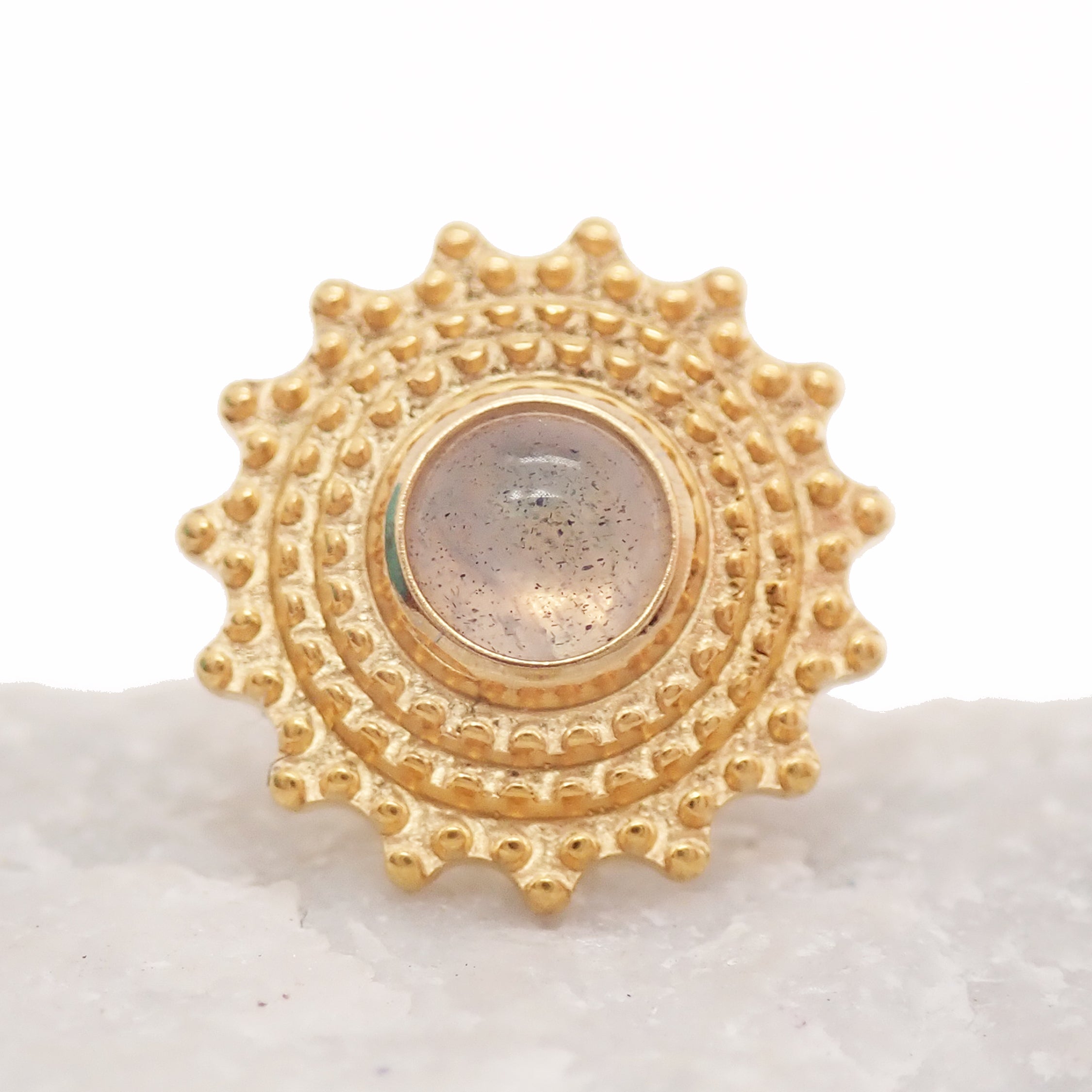 Semi-precious Labradorite Mandala flatback implant in titanium, 6mm, 18g, with intricate mandala design, for body jewelry.
