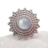 Semi-precious Labradorite Mandala flatback implant in titanium, 18g, 6mm, designed for body jewelry piercing.
