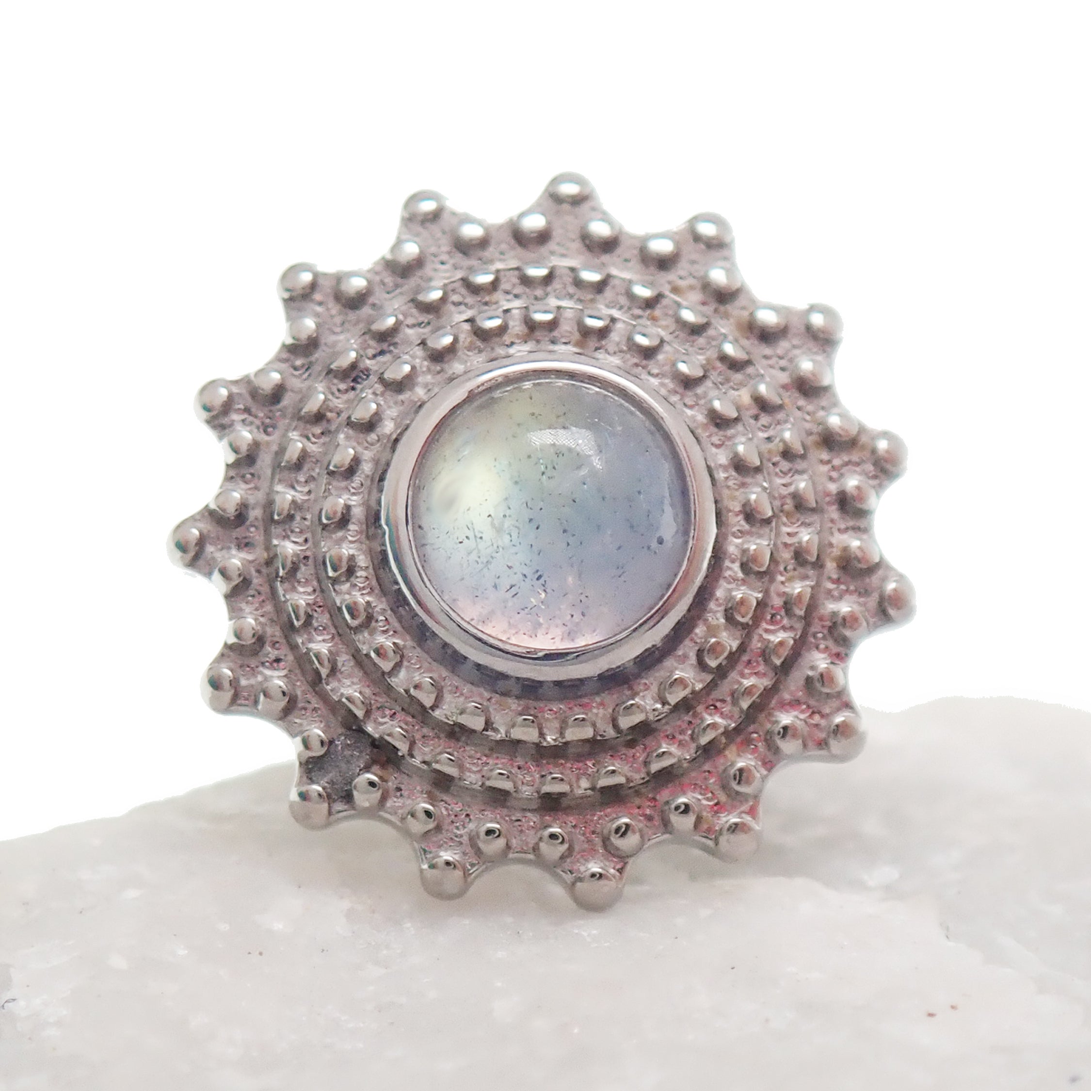 Semi-precious Labradorite Mandala flatback implant in titanium, 18g, 6mm, designed for body jewelry piercing.
