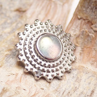 Semi-precious Labradorite Mandala flatback implant in titanium, 6mm size, shown on a body jewelry flatback implant.