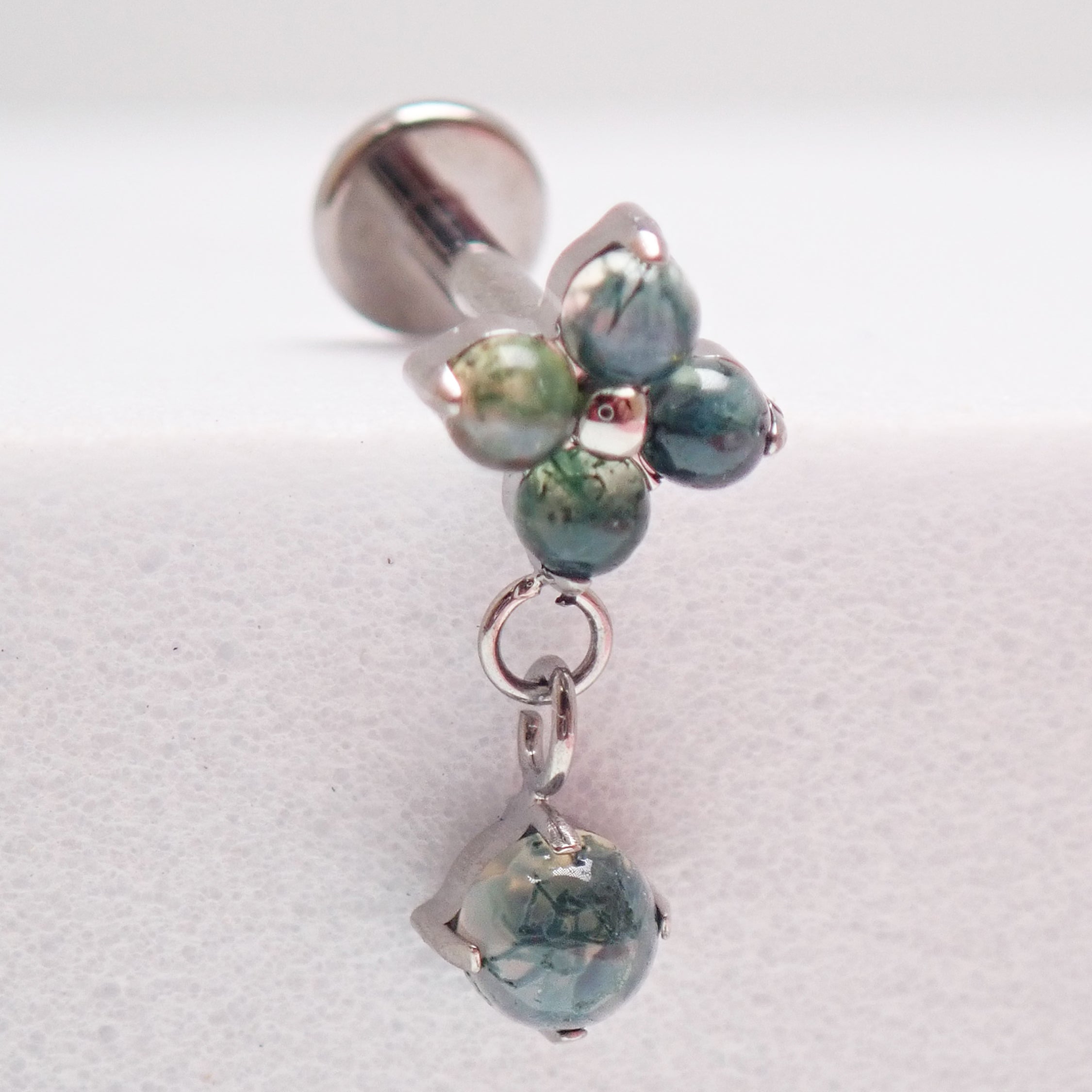 Implant Titanium Moss Agate Flatback Piercing, Internally Threaded 18g, 16g, 14g