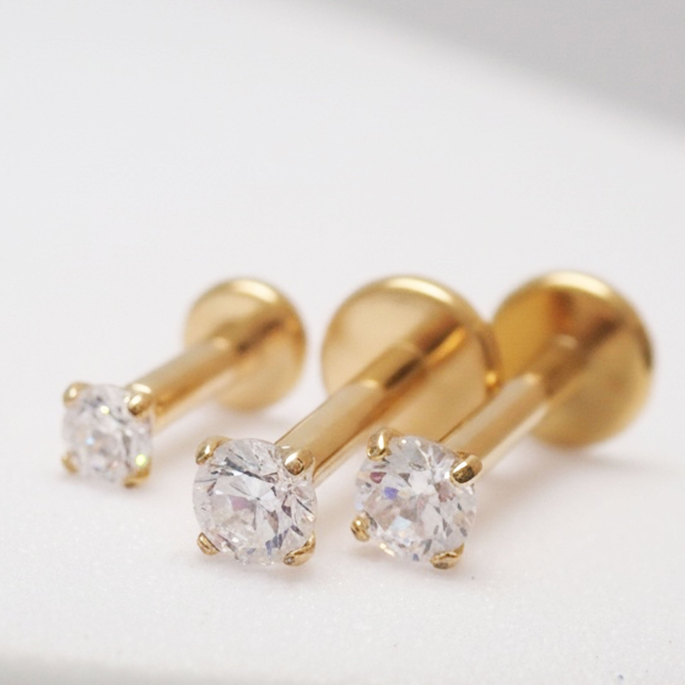 Body Clickers PVD Gold Titanium 16G flatback internally threaded labret studs, 3-pack for piercing jewelry.