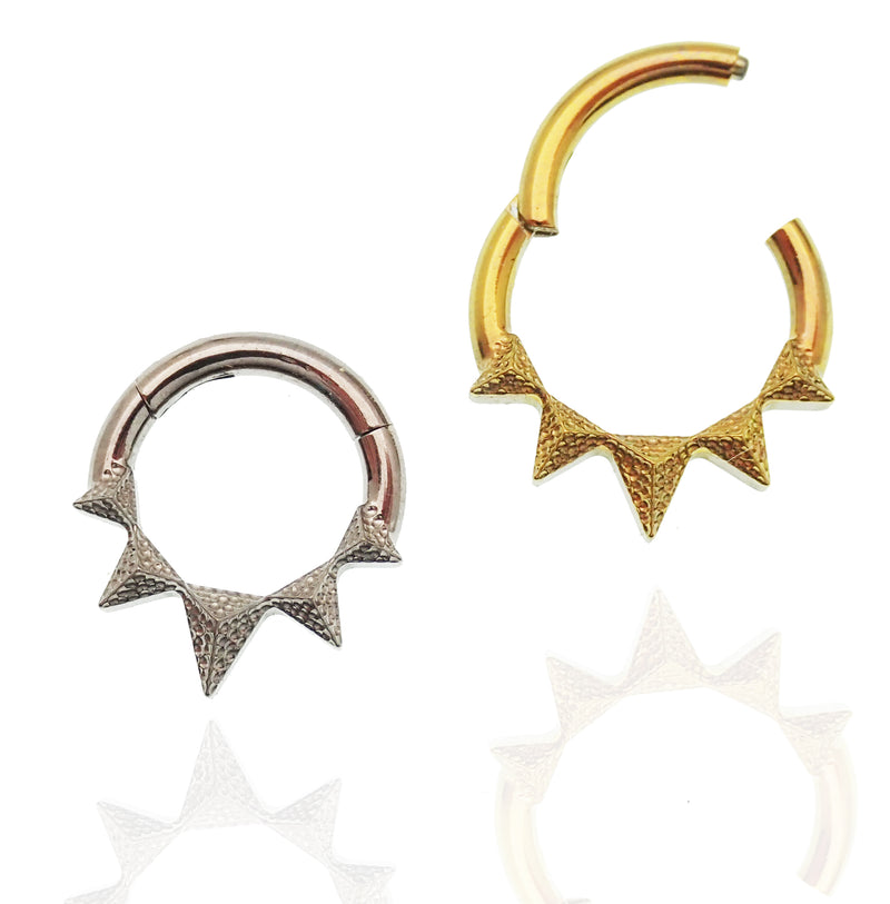 Hammered hinged clicker body jewelry by Body Clickers in 14g and 16g, featuring a point design and 8mm diameter.