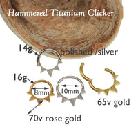 Hammered Hinged Clicker by Body Clickers, 14g and 16g with point design, showcasing a sleek, curved body jewelry piece.