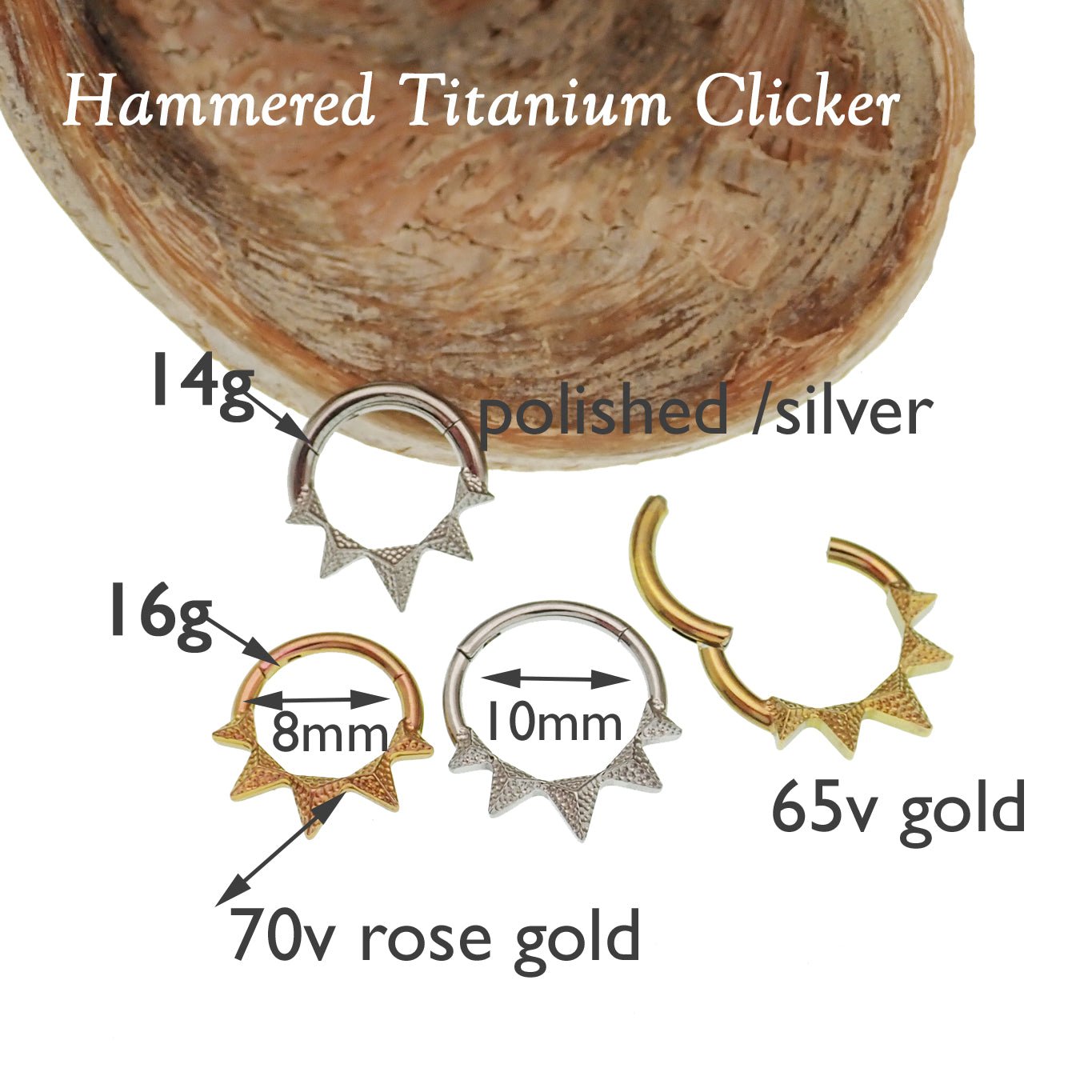 Hammered Hinged Clicker by Body Clickers, 14g and 16g with point design, showcasing a sleek, curved body jewelry piece.
