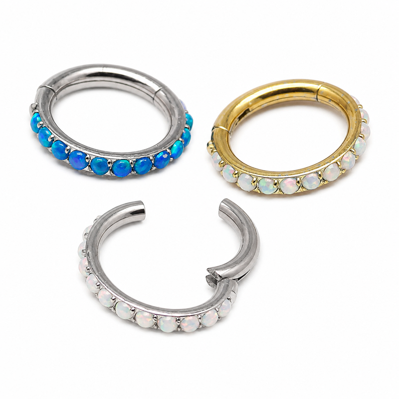 Hinged Body Clickers 6mm clicker with blue opal inlay, 16g jewelry for pierced ears or body piercing.