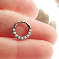 Body Clickers 8mm chunky opal titanium hinged clicker hoop earring, 16g, with vibrant opal stone and sleek titanium finish.