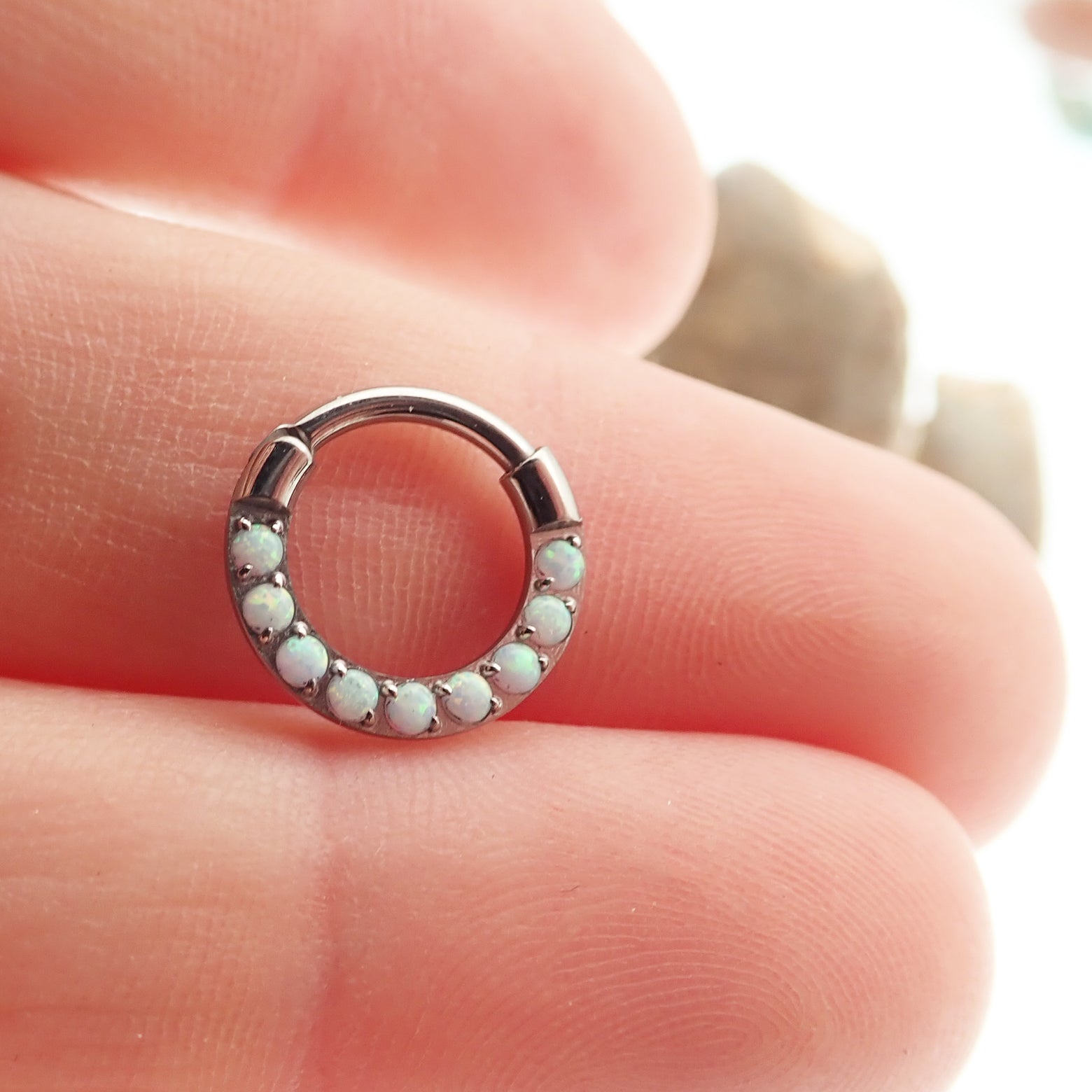 Body Clickers 8mm chunky opal titanium hinged clicker hoop earring, 16g, with vibrant opal stone and sleek titanium finish.