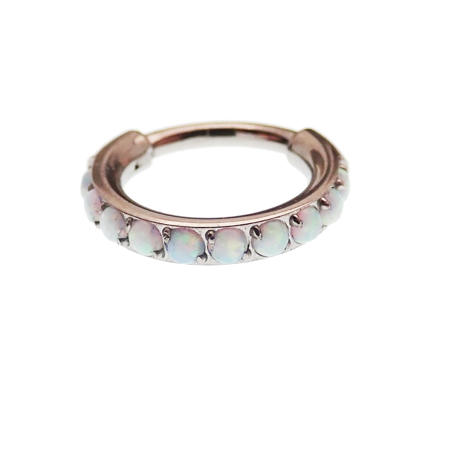 Chunky 8mm opal titanium hinged clicker hoop earring in 16g from Body Clickers, showcasing its bold design and vibrant opal inlay.