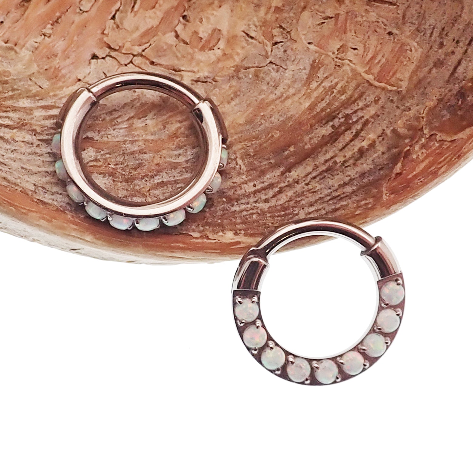 Chunky 8mm opal titanium hinged clicker hoop earring, 16g, by Body Clickers, featuring a bold, colorful opal stone.