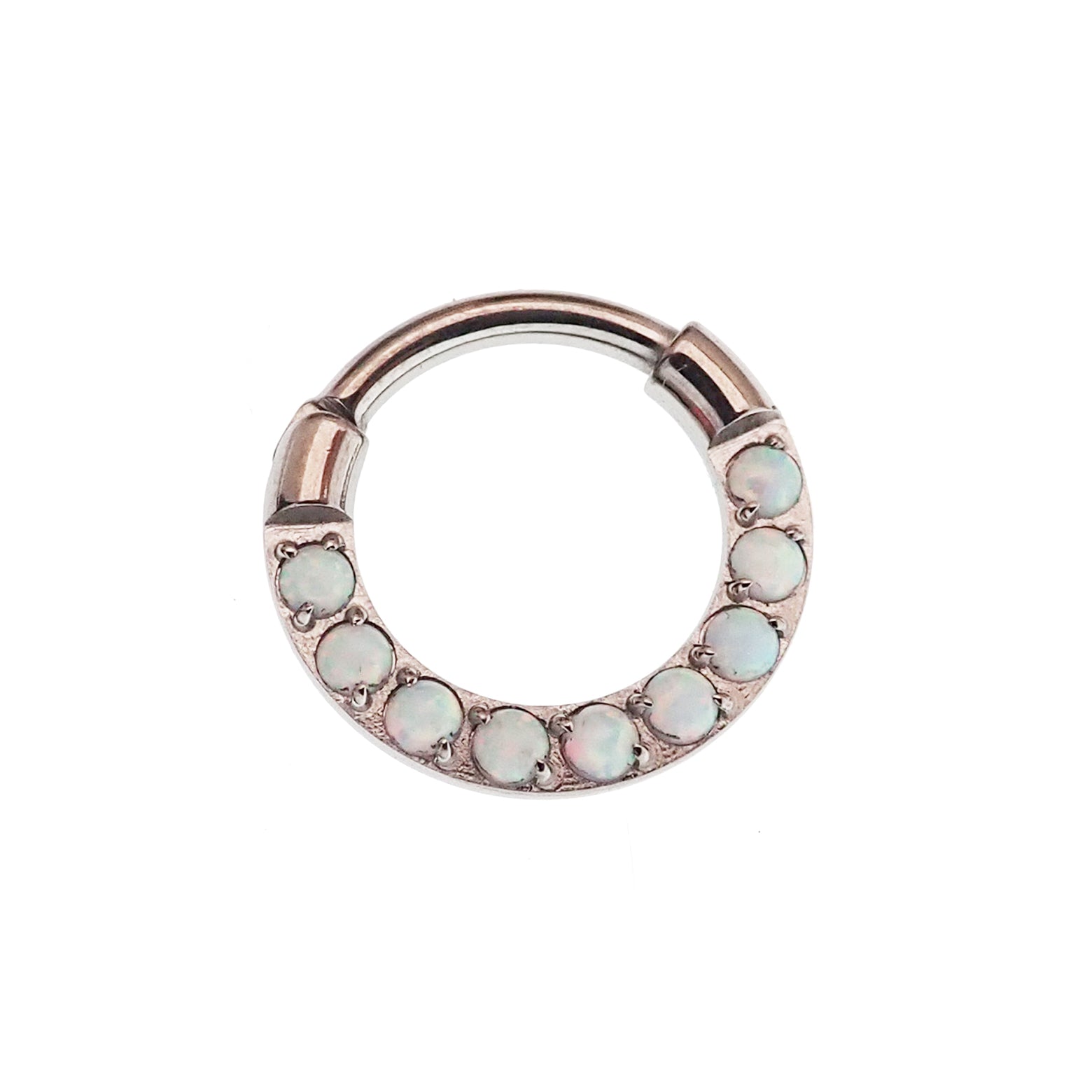8mm chunky opal titanium hinged clicker hoop earring in 16g from Body Clickers, showcasing a vibrant opal gemstone and sleek design.
