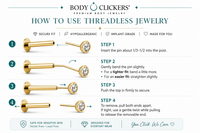 Pair of Body Clickers Threadless Earring Backs for 20g push fit tops, shown with industrial barbell and titanium material.