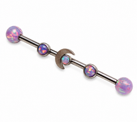 Deluxe Multi Lavender Opal Moon industrial scaffold piercing by Body Clickers, 14g, with lavender opal and industrial steel bar.