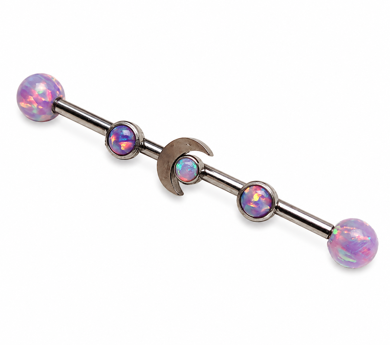 Deluxe Multi Lavender Opal Moon industrial scaffold piercing by Body Clickers, 14g, with lavender opal and industrial steel bar.