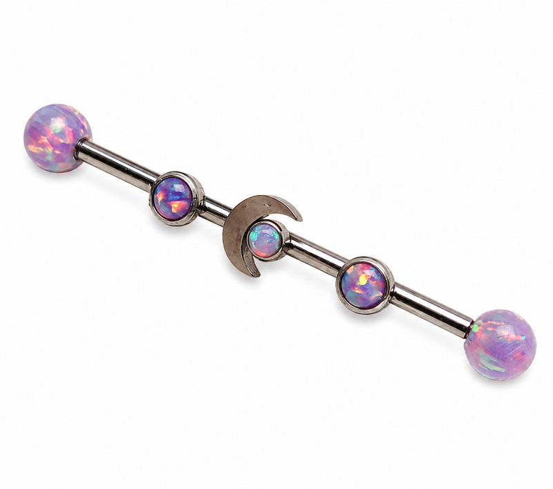 Deluxe Multi Lavender Opal Moon industrial scaffold piercing by Body Clickers, 14g, with lavender opal and industrial steel bar.