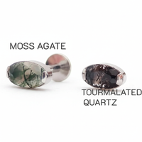 Semi-precious moss agate oval titanium flatback piercing by Body Clickers, internally threaded 18g body jewelry.