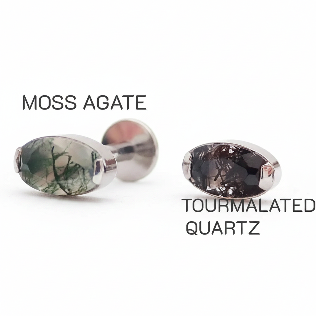Semi-precious moss agate oval titanium flatback piercing by Body Clickers, internally threaded 18g body jewelry.