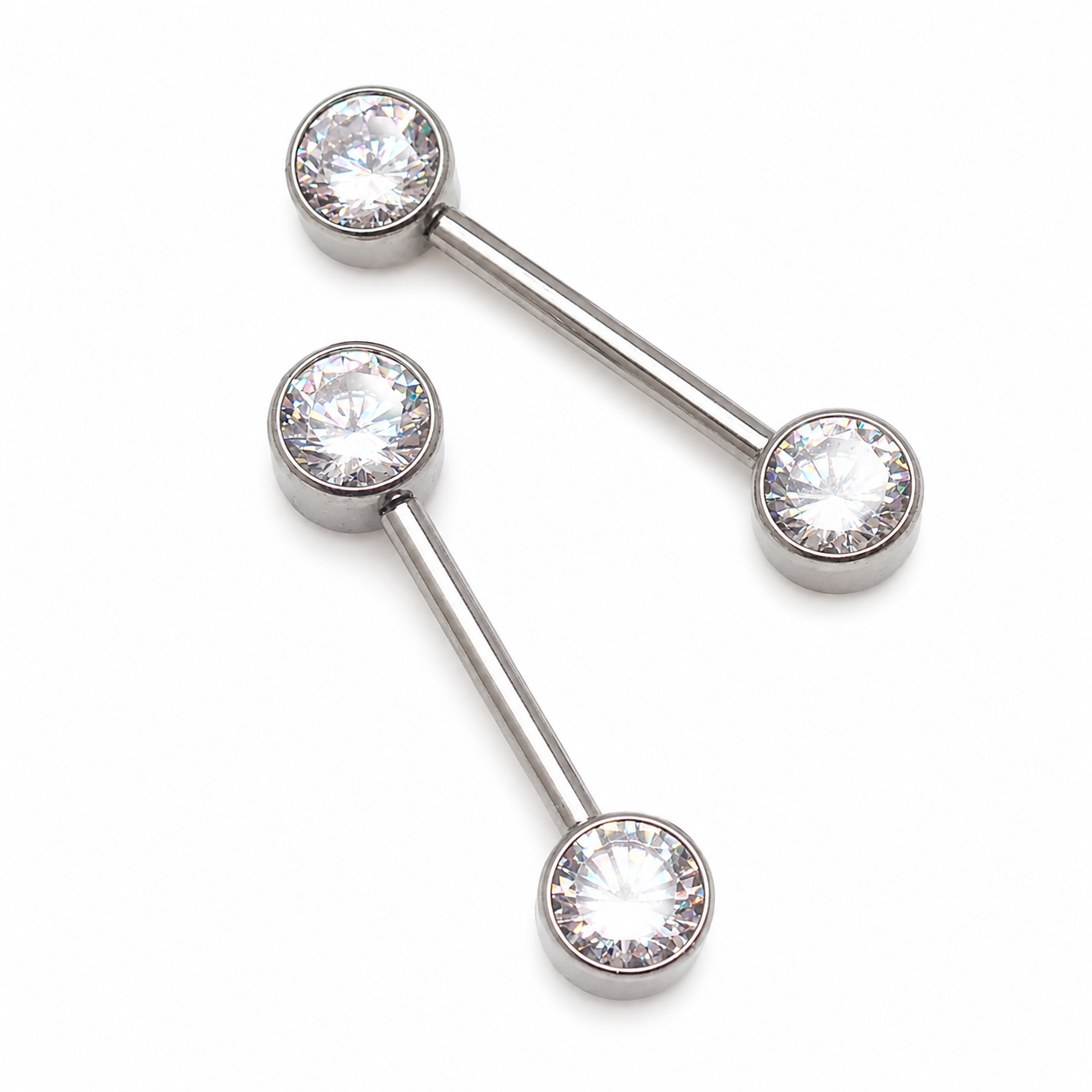 Titanium push-fit nipple piercing with CZ jewelry from Body Clickers, 12 gauge, 5mm and 12mm lengths, designed for nipple piercing.