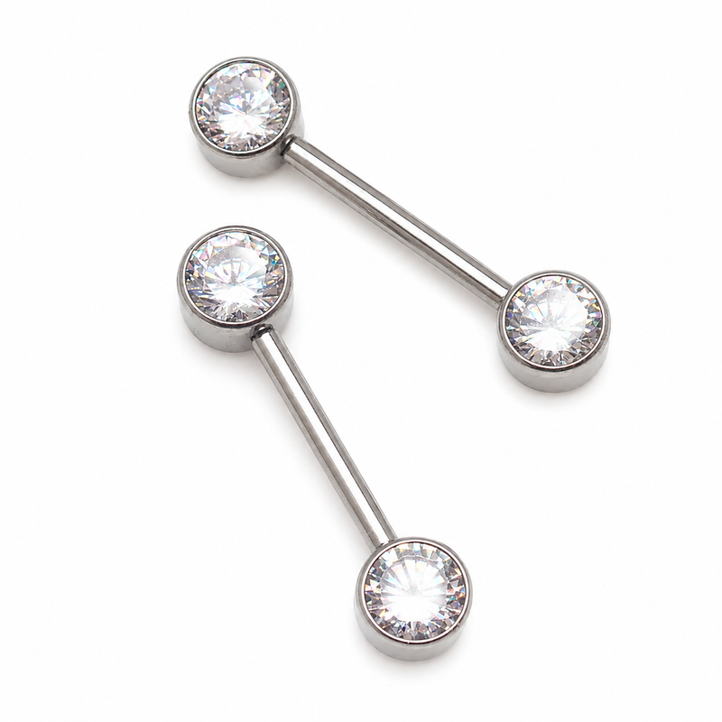 Titanium push-fit nipple piercing with CZ jewelry from Body Clickers, 12 gauge, 5mm and 12mm lengths, designed for nipple piercing.