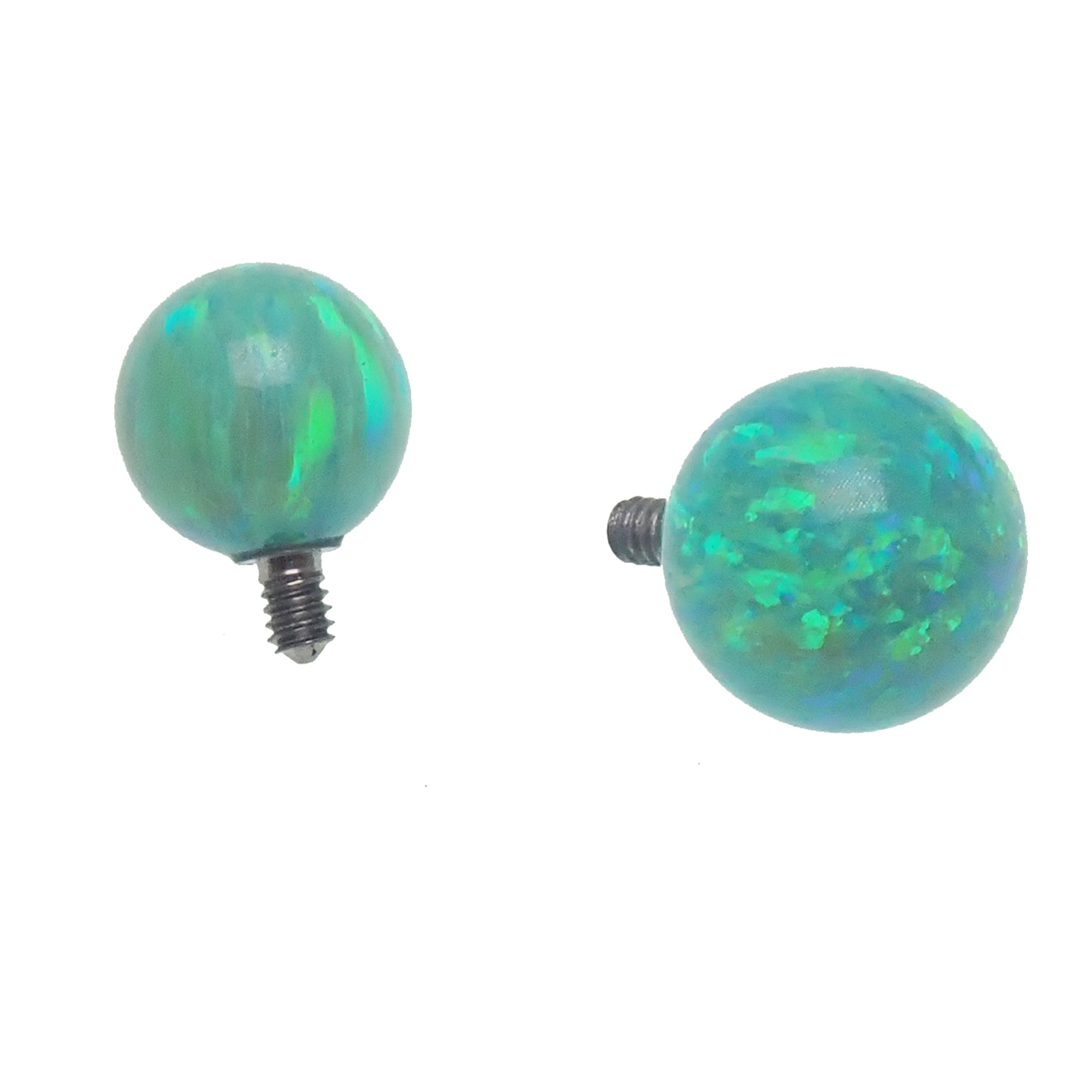 Titanium barbell nipple piercing with kiwi green fire opals, 14 gauge, 1.6mm, 8mm, 5mm from Body Clickers