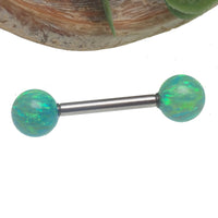 Titanium nipple barbell with kiwi green fire opal gemstones, 14 gauge, 1.6mm ball, 8mm length by Body Clickers.