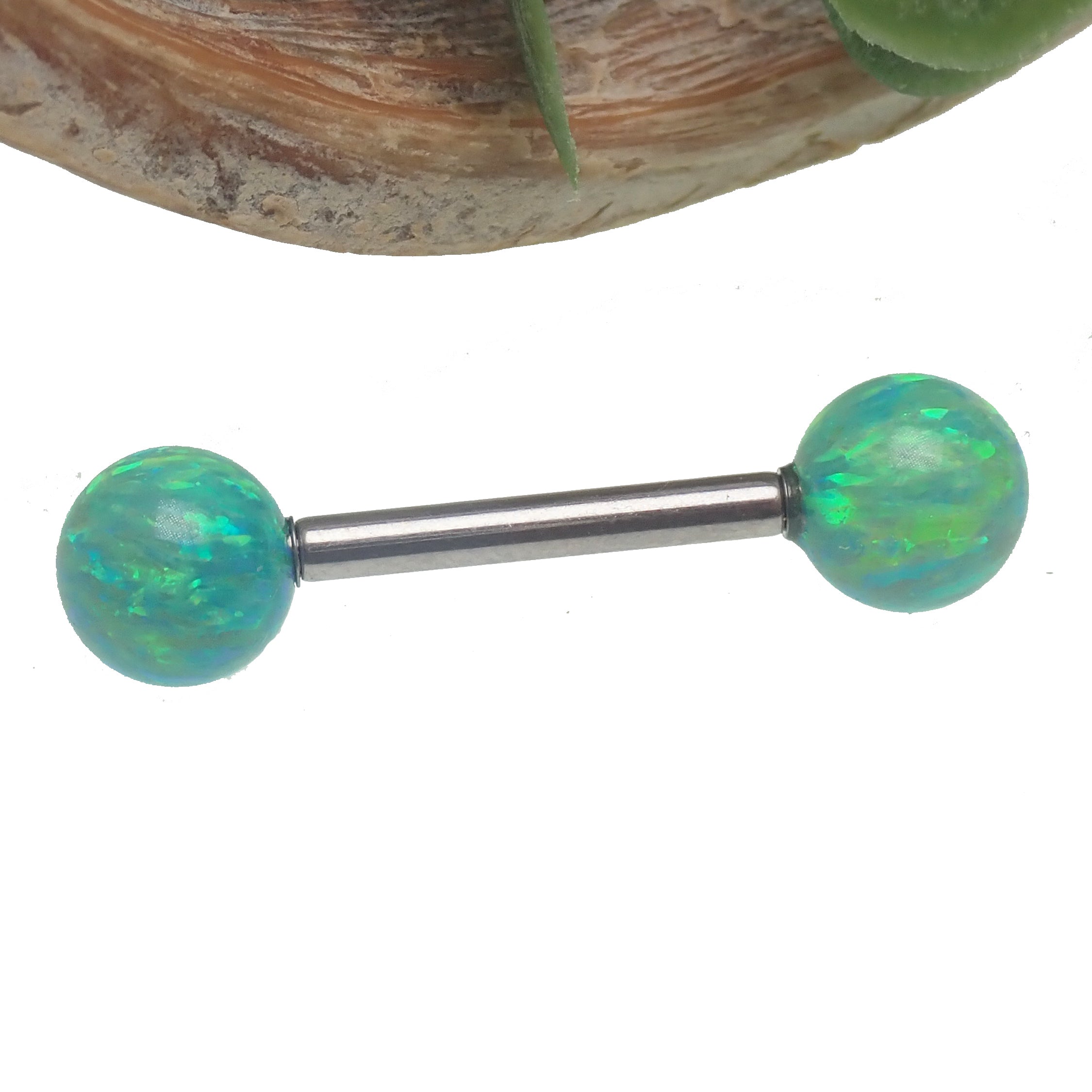Titanium nipple barbell with kiwi green fire opal gemstones, 14 gauge, 1.6mm ball, 8mm length by Body Clickers.
