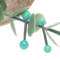 Titanium nipple barbell by Body Clickers with kiwi green fire opals and 14 gauge, 1.6mm ball, 8mm bar length, 5mm opal size
