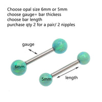 Titanium nipple barbell with kiwi green fire opals from Body Clickers, 14G, 1.6mm, 8mm length, 5mm opals.