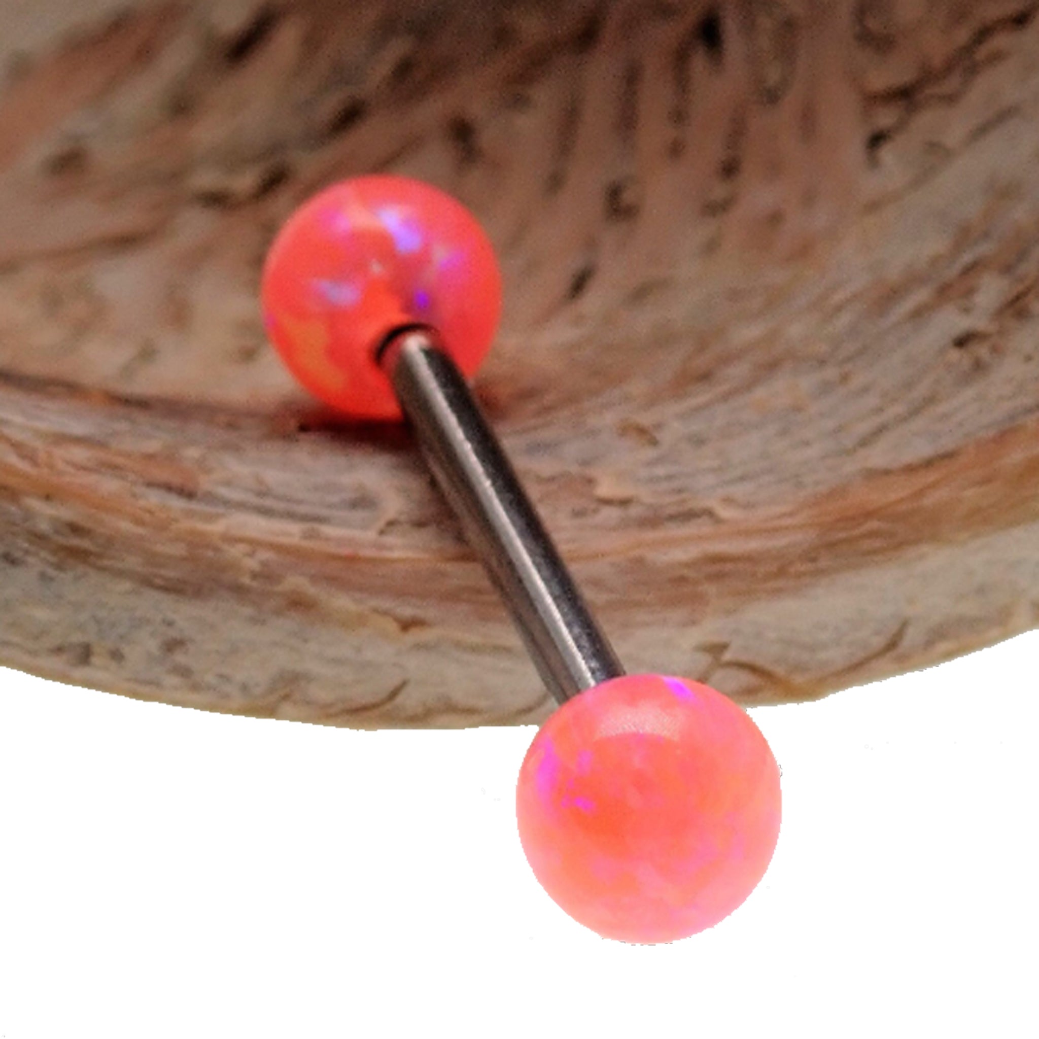 Ibiza Peach Opal Titanium Nipple Piercing Barbell by Body Clickers, 14g and 12g, with peach opal accents and 8mm length.
