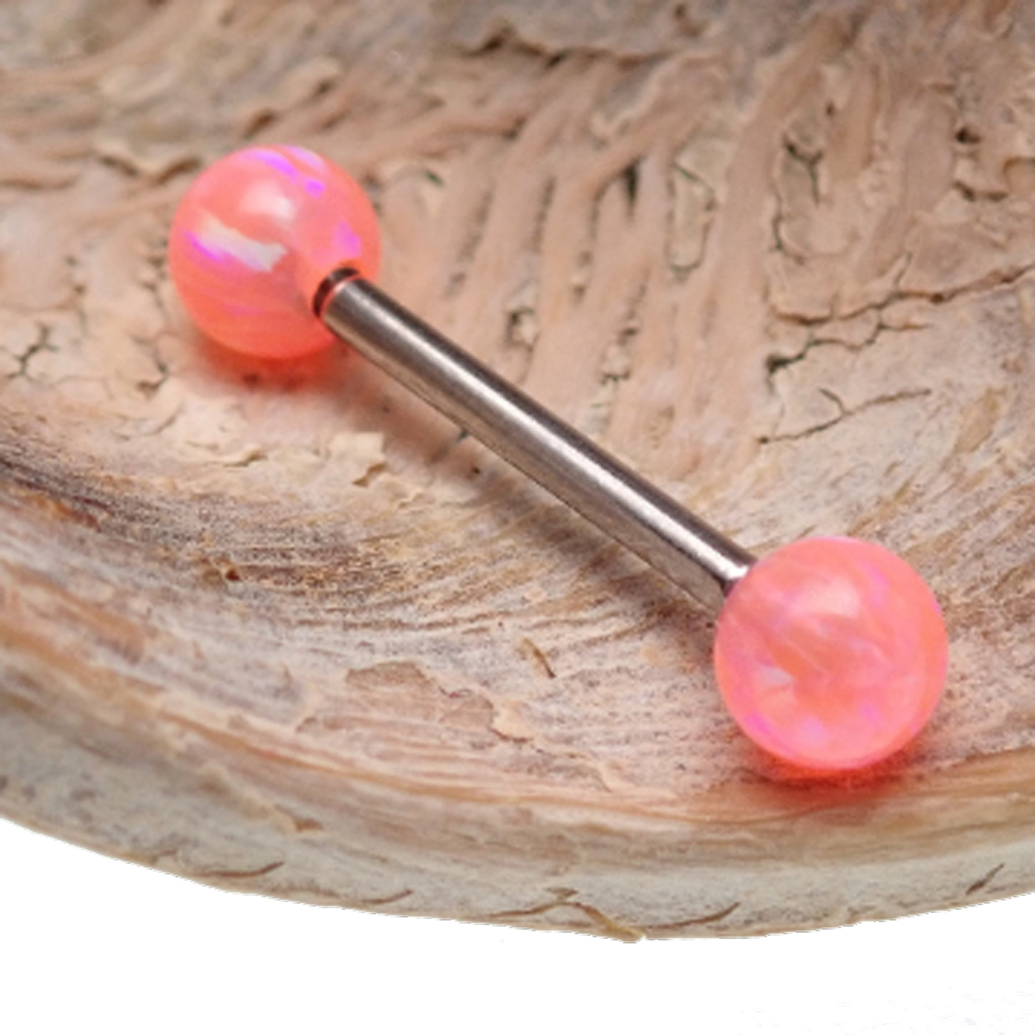 Ibiza Peach Opal Titanium Nipple Bar piercing by Body Clickers, 14g, 12g with orange opal and titanium bar, 8mm length.