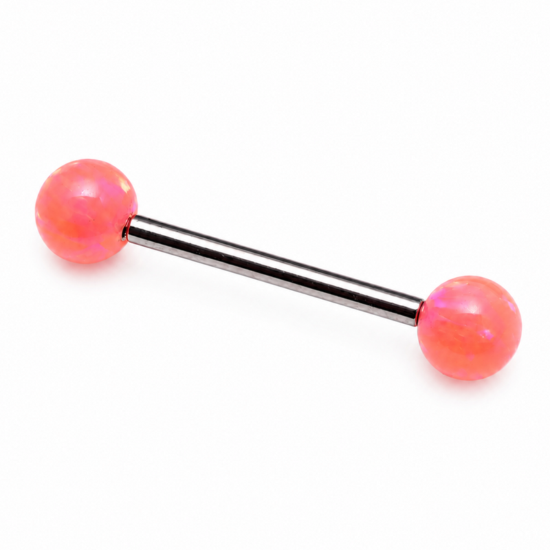 Ibiza Peach Opal Titanium Nipple Bar piercing by Body Clickers, 14g and 12g, with orange and peach-colored opal gemstone.