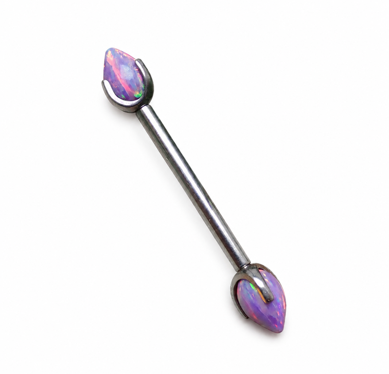 Titanium push fit nipple piercing by Body Clickers with lavender fire opal bullet cones, 16G, 12mm, multi-color design.