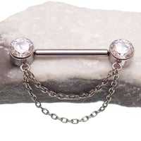 Silver CZ double chain titanium nipple piercing with clear stones, designed for 12g, 14g, and 16g body jewelry by Body Clickers.