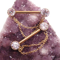 Body Clickers titanium nipple piercing with double chain and amethyst accents in 12g, 14g, and 16g gauges.