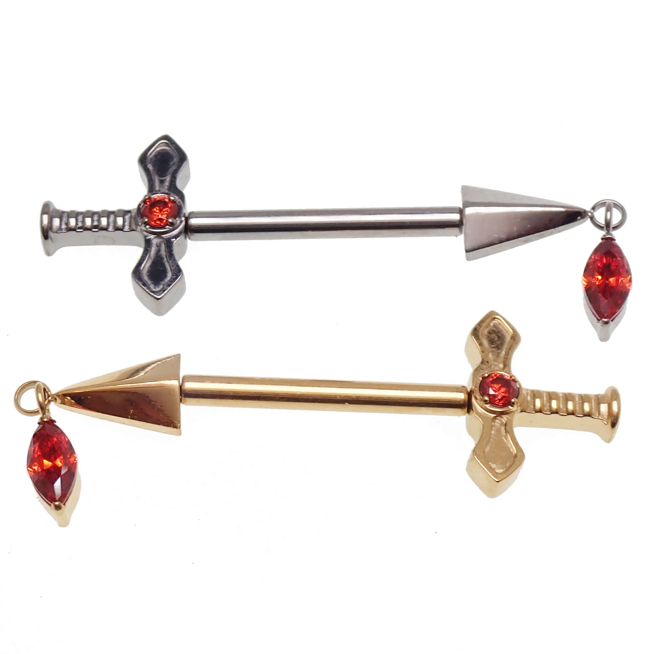 Body Clickers titanium implant dagger nipple piercing in 16g with 12mm length, detailed push-fit design on white background.