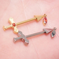 Body Clickers titanium dagger nipple piercing in 16g with detailed design, push-fit style, suitable for 12g, 14g, and 16g.