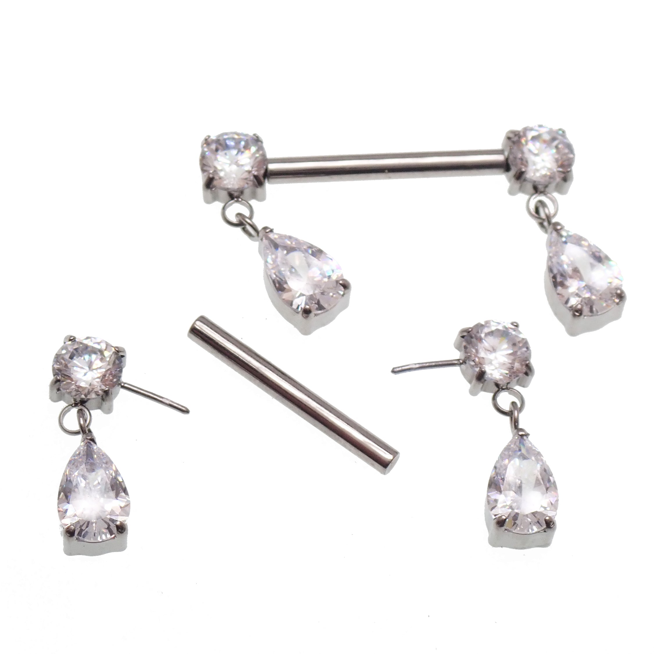 Silver implant titanium dangly CZ nipple piercing by Body Clickers, 12g to 16g, with polished design and push-fit style.
