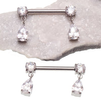 Silver implant titanium dangly CZ nipple piercing by Body Clickers, 12g, 14g, or 16g with polished finish and push-fit design.