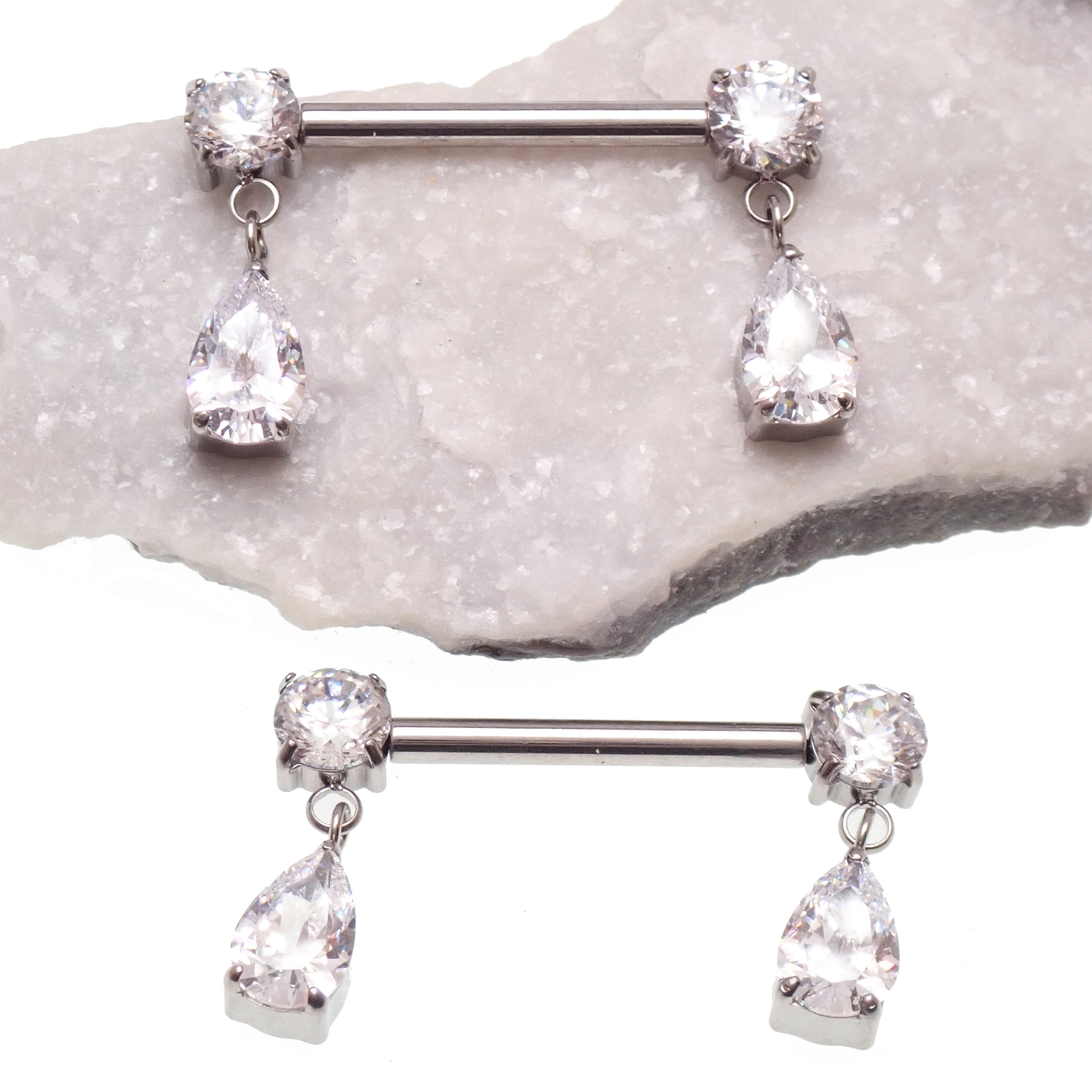 Silver implant titanium dangly CZ nipple piercing by Body Clickers, 12g, 14g, or 16g with polished finish and push-fit design.