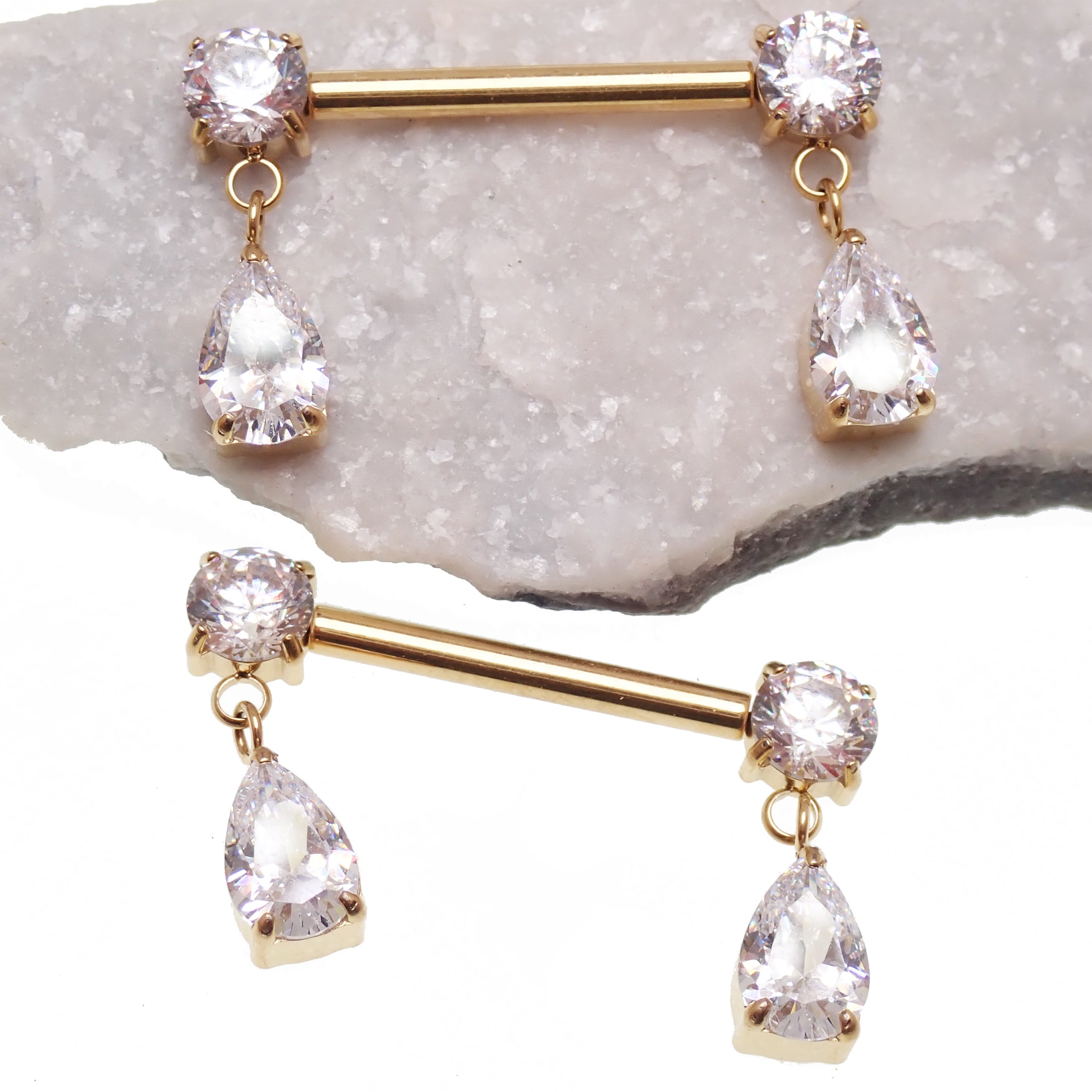 Body Clickers titanium dangly CZ nipple piercing in polished silver, available in 12g, 14g, and 16g sizes with push fit design.