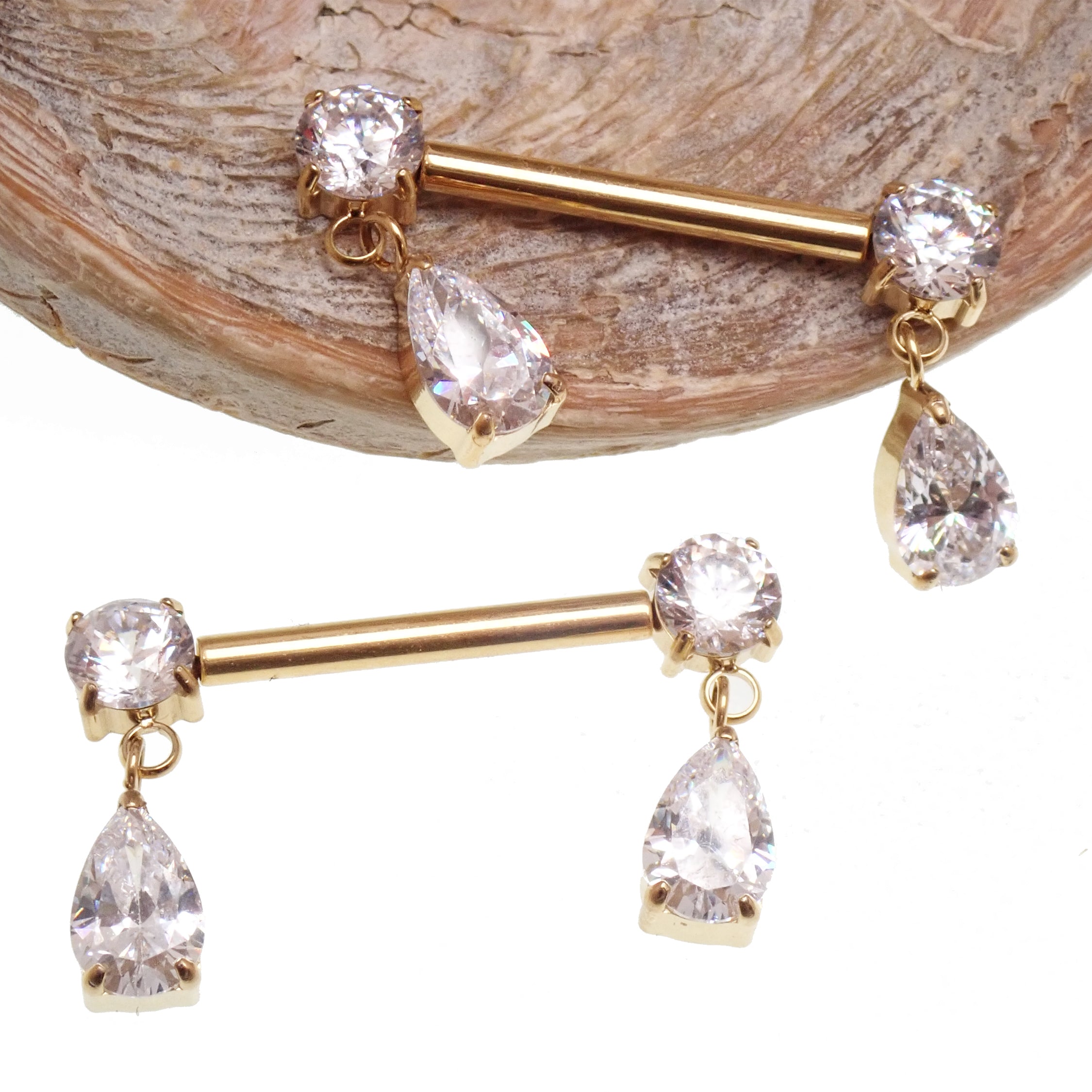 Silver titanium dangly CZ nipple piercing by Body Clickers, 12g to 16g, polished, implant style with push-fit design.