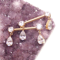 Body Clickers titanium dangly CZ nipple piercing in 12g, 14g, or 16g with polished silver finish, push fit design, 12mm length.