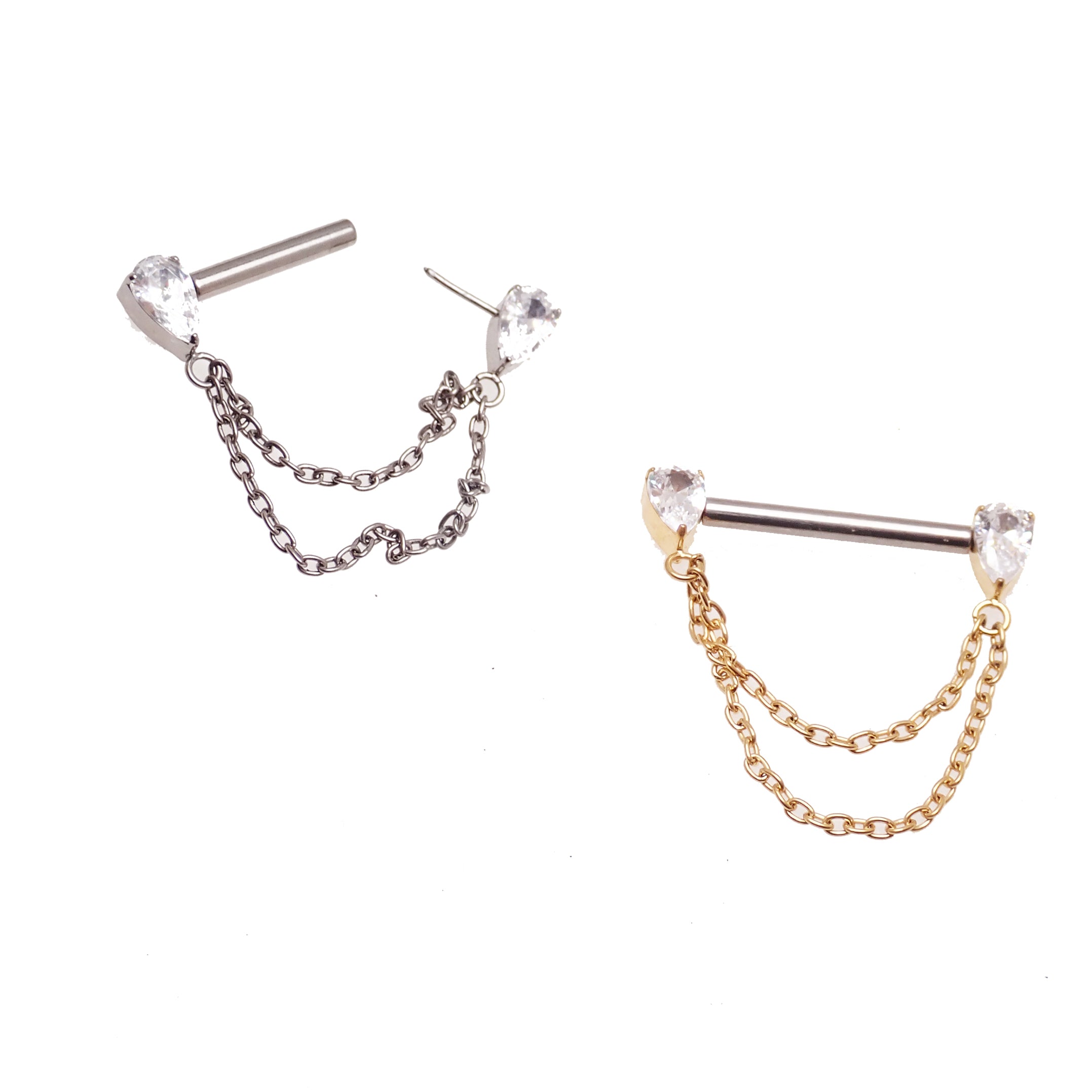 Gold CZ double chain titanium nipple bar piercing by Body Clickers with 16g, 14g, and 12g gauges, featuring decorative chain.