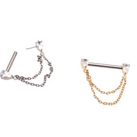 Gold CZ double chain titanium nipple bar piercing by Body Clickers, available in 16g, 14g, and 12g gauges.