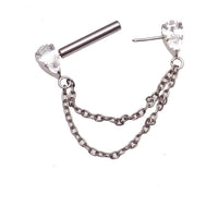 Gold CZ double chain titanium nipple bar piercing by Body Clickers in 12g, 14g, and 16g gauge with 12mm length.